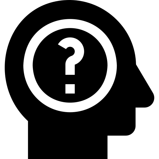 Silhouette of a human head with a circular thought bubble featuring a question mark, representing curiosity and inquiry about knowledge or self-reflection.